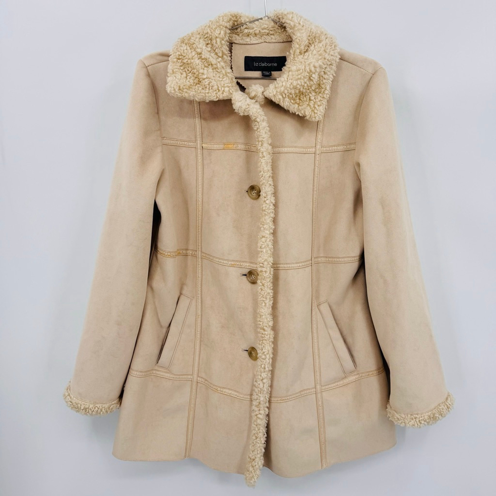 90s Y2K Penny Lane Coat Liz Claiborne Beige Faux Suede Shearling Trim Medium
